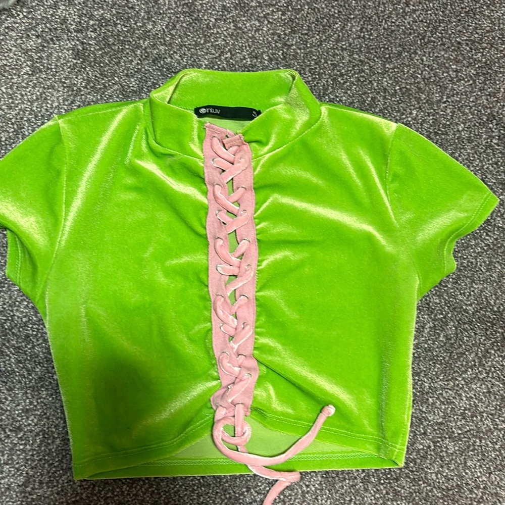 Cropped suede green top with pink front lacing
